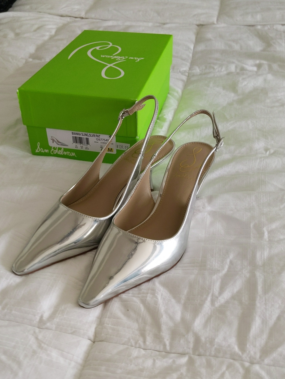 Sam Edelman Bianka Silver Patent Slingback Kitten Heels | Size 7 | NIB